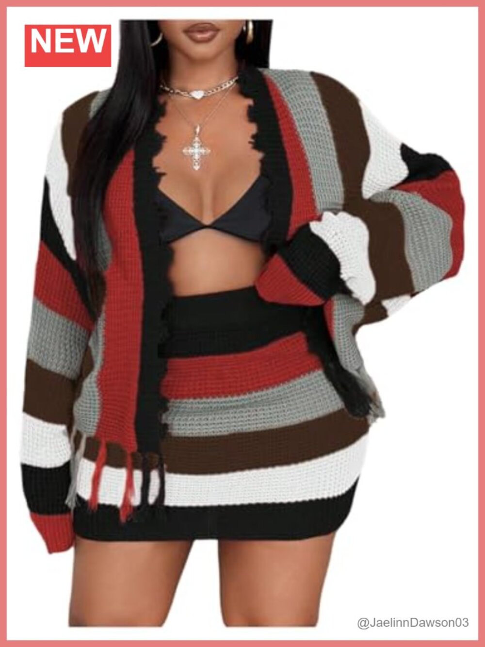 Plus Size 2 Piece Fringe Cardigan and Bodycon Mini Skirt Set Striped